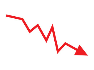 Red arrow going down stock icon on white background. Decrease, Bankruptcy, financial market crash icon for your web site design, logo, app, UI. graph chart downtrend symbol.chart going down sign.