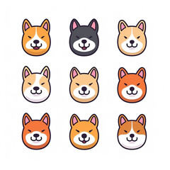 Fototapeta premium Set of 9 various Shiba dog faces icon flat vector art isolated on white background. Minimal cartoon with solid color and bold outline art style. Digital illustration generative AI.