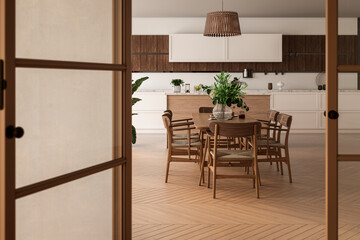 Scandinavian Domestic Dining Room Interior. 3d Rendering