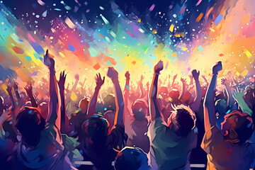 Crowd raising their hands at music concert. Audience enjoying rock, dance, edm and club party or celebration. Modern painting illustration. Generative ai.