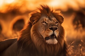 Fototapeta premium Lion in the sunset in the wilderness in Africa, made with generative ai