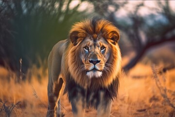 Obraz na płótnie Canvas Lion in the sunset in the wilderness in Africa, made with generative ai