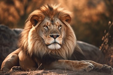 Fototapeta premium Lion in the sunset in the wilderness in Africa, made with generative ai