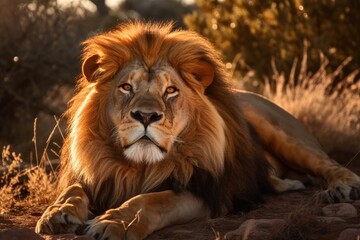 Fototapeta premium Lion in the sunset in the wilderness in Africa, made with generative ai