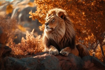 Obraz premium Lion in the sunset in the wilderness in Africa, made with generative ai