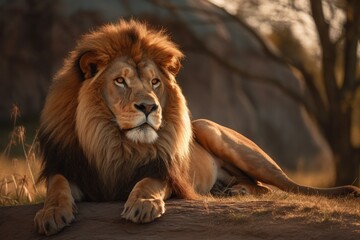 Obraz premium Lion in the sunset in the wilderness in Africa, made with generative ai