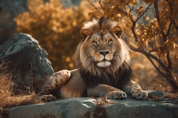Obraz premium Lion in the sunset in the wilderness in Africa, made with generative ai