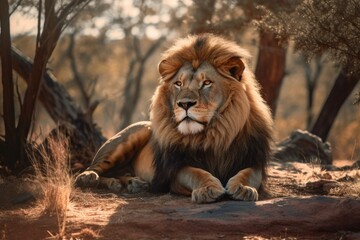 Fototapeta na wymiar Lion in the sunset in the wilderness in Africa, made with generative ai