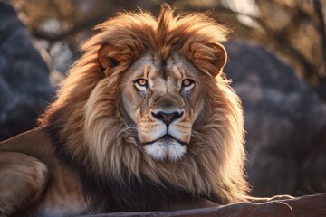 Fototapeta premium Lion in the sunset in the wilderness in Africa, made with generative ai