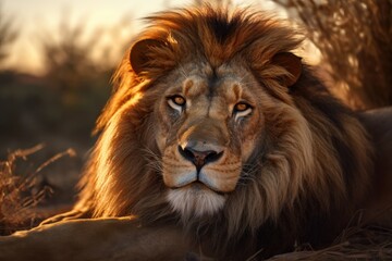 Fototapeta premium Lion in the sunset in the wilderness in Africa, made with generative ai