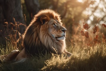 Naklejka premium Lion in the sunset in the wilderness in Africa, made with generative ai