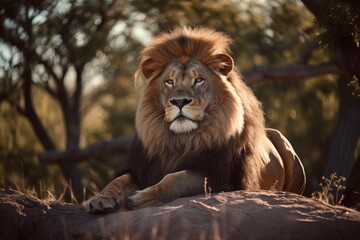 Lion in the sunset in the wilderness in Africa, made with generative ai