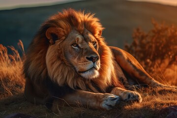 Plakat Lion in the sunset in the wilderness in Africa, made with generative ai