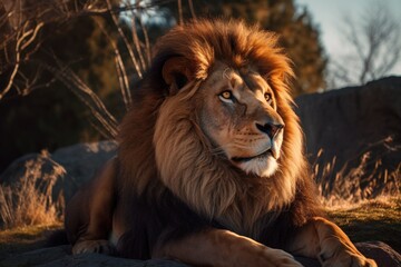 Fototapeta premium Lion in the sunset in the wilderness in Africa, made with generative ai