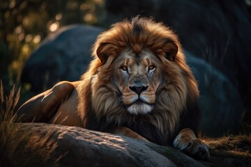 Fototapeta premium Lion in the sunset in the wilderness in Africa, made with generative ai