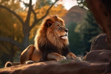 Obraz premium Lion in the sunset in the wilderness in Africa, made with generative ai