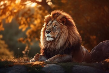 Fototapeta premium Lion in the sunset in the wilderness in Africa, made with generative ai