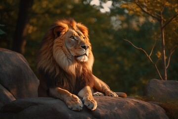Naklejka premium Lion in the sunset in the wilderness in Africa, made with generative ai