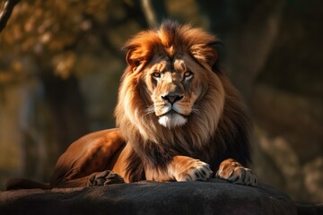 Fototapeta premium Lion in the sunset in the wilderness in Africa, made with generative ai