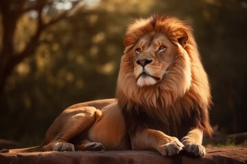 Obraz premium Lion in the sunset in the wilderness in Africa, made with generative ai