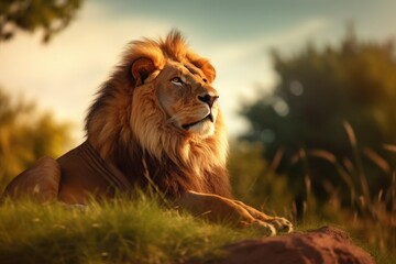 Obraz premium Lion in the sunset in the wilderness in Africa, made with generative ai