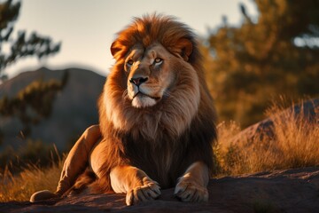 Naklejka na ściany i meble Lion in the sunset in the wilderness in Africa, made with generative ai