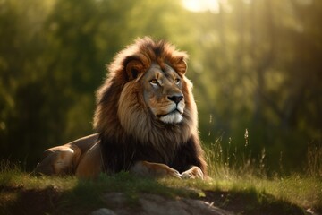 Fototapeta premium Lion in the sunset in the wilderness in Africa, made with generative ai