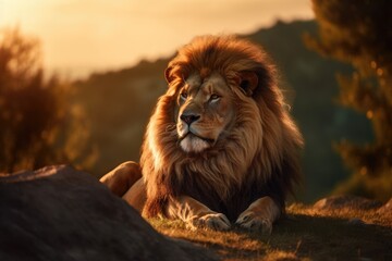 Obraz premium Lion in the sunset in the wilderness in Africa, made with generative ai
