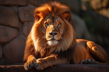 Fototapeta premium Lion in the sunset in the wilderness in Africa, made with generative ai