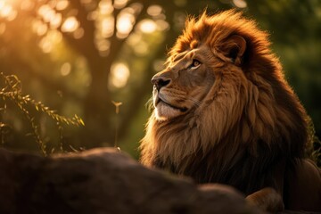 Naklejka premium Lion in the sunset in the wilderness in Africa, made with generative ai