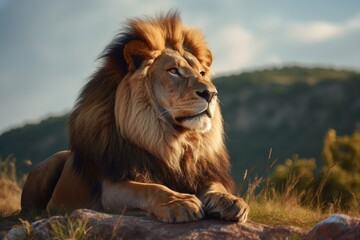 Obraz premium Lion in the sunset in the wilderness in Africa, made with generative ai