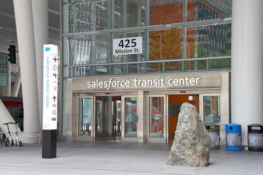 San Francisco, CA - Jan 10, 2023: Entrance to the salesforce transit center downtown. The primary bus terminal, and potentially as a future rail terminal, for the Bay Area.
