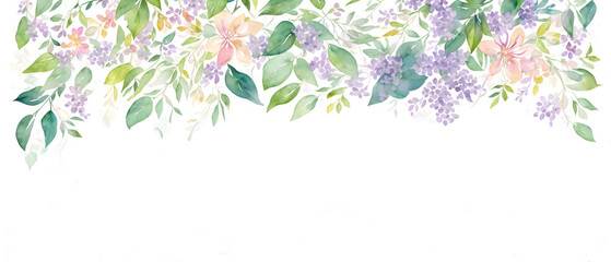 Obraz na płótnie Canvas Watercolor purple flowers, purple lilac branches and foliage. Botanical illustration in vintage style. Wedding decorations background. Floral background with place for text. Generative AI.