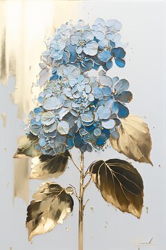 Abstract Floral Oil Painting. Gold And Blue Hydrangea Flower On White Background. Generative AI