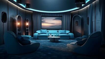 luxury futuristic home theater. dark design. generative AI illustration.
