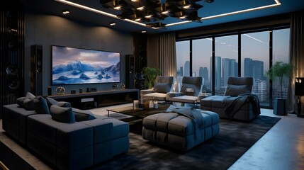 luxury futuristic home theater. dark design. generative AI illustration.