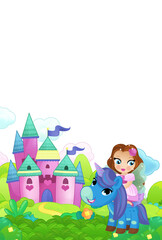 cartoon scene forest with pony horse and fairy princess flying castle isolated illustration for children