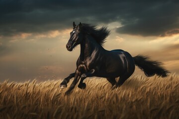 Obraz na płótnie Canvas Wild Fresian horse in it's natural habitat - generative ai