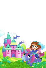 Obraz na płótnie Canvas cartoon scene forest with pony horse and fairy princess flying castle isolated illustration for children