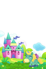 cartoon scene forest with happy pony horses castle illustration for children