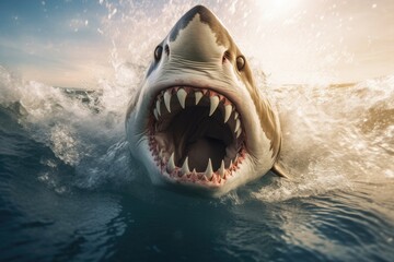 Obraz premium Big angry White shark in the ocean Generative AI