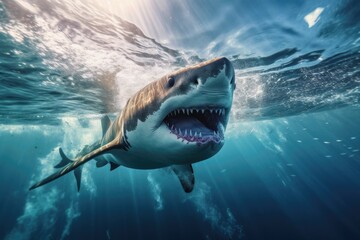 Fototapeta premium Big angry White shark in the ocean Generative AI