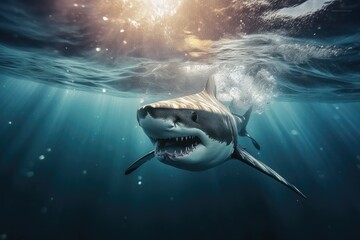 Big angry White shark in the ocean Generative AI