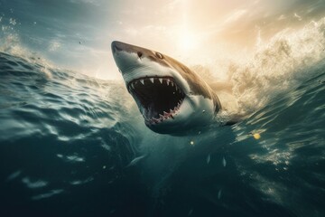 Obraz premium Big angry White shark in the ocean Generative AI
