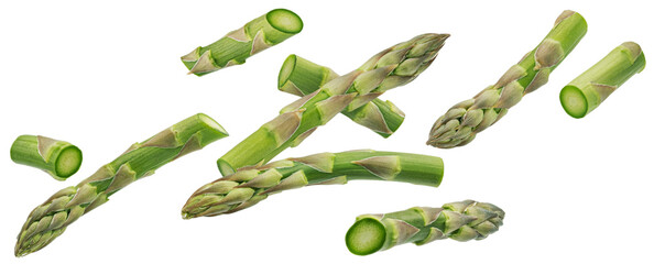 Falling chopped asparagus isolated white background, full depth of field