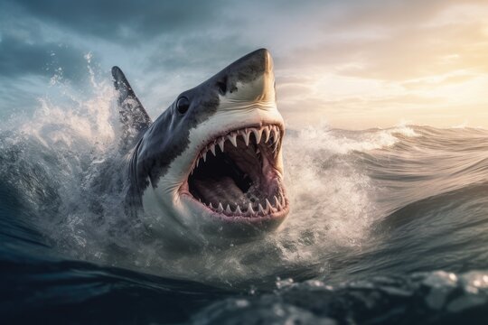Big angry White shark in the ocean Generative AI