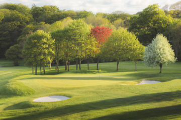 Scenic view of a par 3 golf hole and green at a parkland golf course in Fife, Scotland, UK.