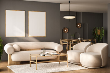 Modern living room interior with sofa and armchairs, coffee table with books and decoration, carpet on hardwood floor, dining table with chairs, mock up posters. Mockup copy space wall, 3D rendering