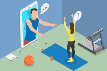 3D Isometric Flat Vector Conceptual Illustration of Online Coach, Fitness and Health