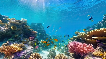 Naklejka na ściany i meble Tropical Coral Reef with Red Coral Fish and Exotic Wildlife. Explore the Astonishing Underwater World of Egypt's Aquatic Life: Generative AI